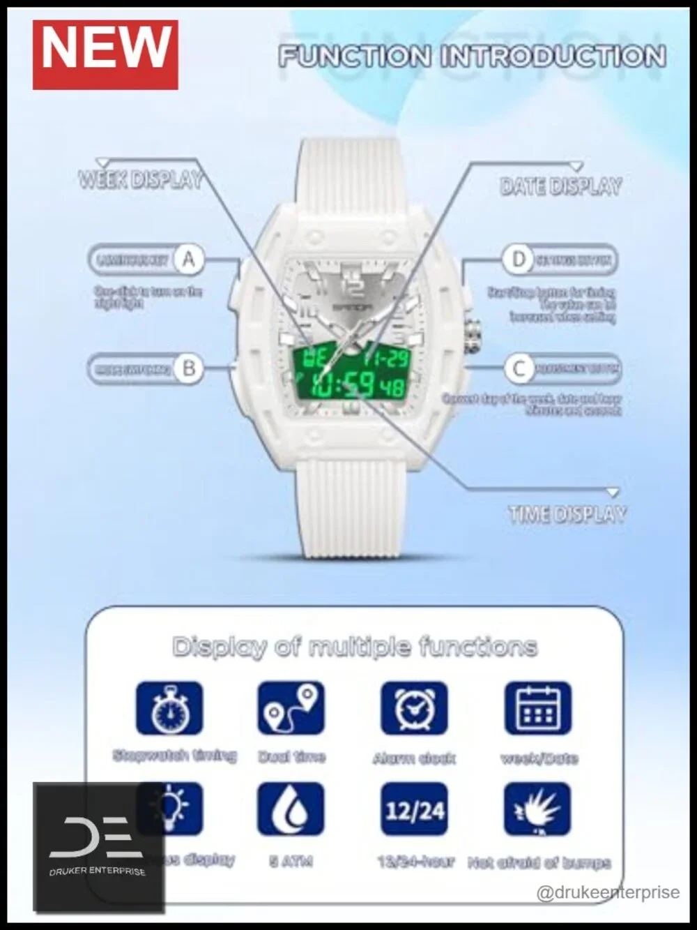 Unique Rectangle Digital Analog Sports Watch with Alarm Stopwatch Waterproof